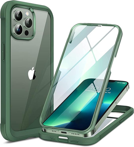Miracase Glass Case for iPhone 13 Pro Max 6.7 inch, Upgrade Full-Body Clear Bumper Case with Built-in 9H Tempered Glass Screen Protector (Acacia Green)