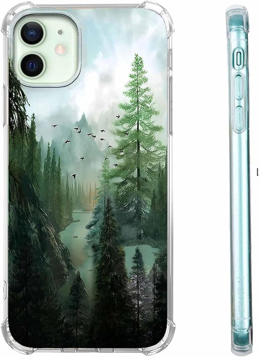 Case for iPhone 12/12 Pro with Forest Design,Mountain and Birds Beautiful Scenery Nature Pattern,Soft TPU Bumper Phone Cover(12,Wood)