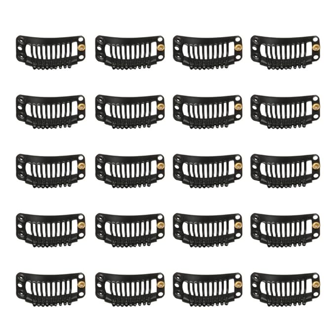 20pcs Stainless Snap Comb Clips for Wigs and Hair Extensions, DIY Hairpiece Accessories (Black)