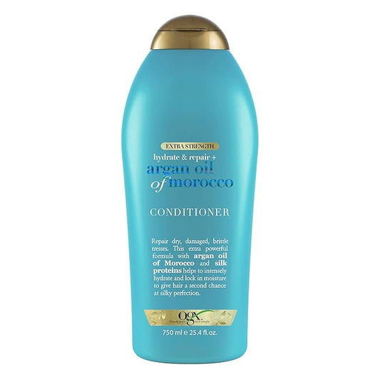 OGX Extra Strength Hydrate & Repair + Argan Oil of Morocco Conditioner for Dry, Damaged Hair, Cold-Pressed Argan Oil to Moisturize Hair, Paraben-Free, Sulfate-Free Surfactants, 25.4 Fl Oz