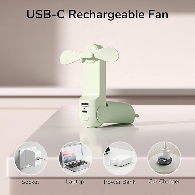 JISULIFE Handheld Mini Fan, 3 IN 1 USB Rechargeable Portable Fan [12-19 Working Hours] with Power Bank, Flashlight, Pocket Design for Travel/Summer/Concerts/Lash, Gifts for Women(Green)