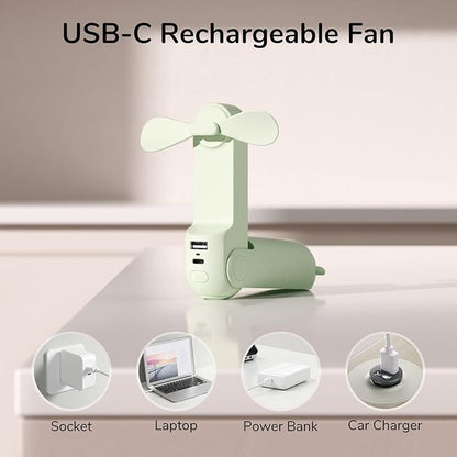 JISULIFE Handheld Mini Fan, 3 IN 1 USB Rechargeable Portable Fan [12-19 Working Hours] with Power Bank, Flashlight, Pocket Design for Travel/Summer/Concerts/Lash, Gifts for Women(Green)