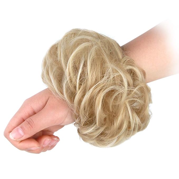 MORICA 2PCS Messy Bun HairPiece Scrunchies - Synthetic Scrunchies Curly Wavy Ponytail HairExtention for ThinHair Women (AshBlonde & BleachBlonde#)