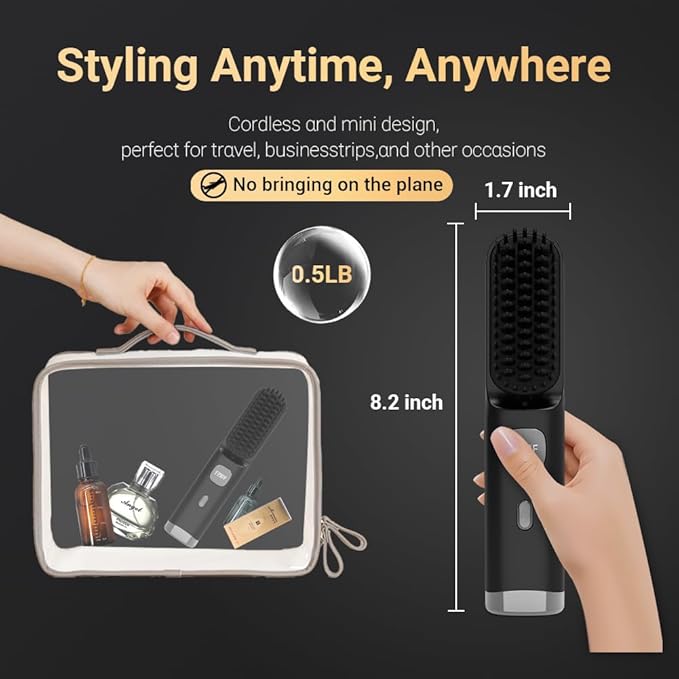 Cordless Hair Straightener Brush Portable on The go Comb for Travel 30s Fast Heating USB Rechargeable Dual Power Supply LCD Display with Pouch (Black)