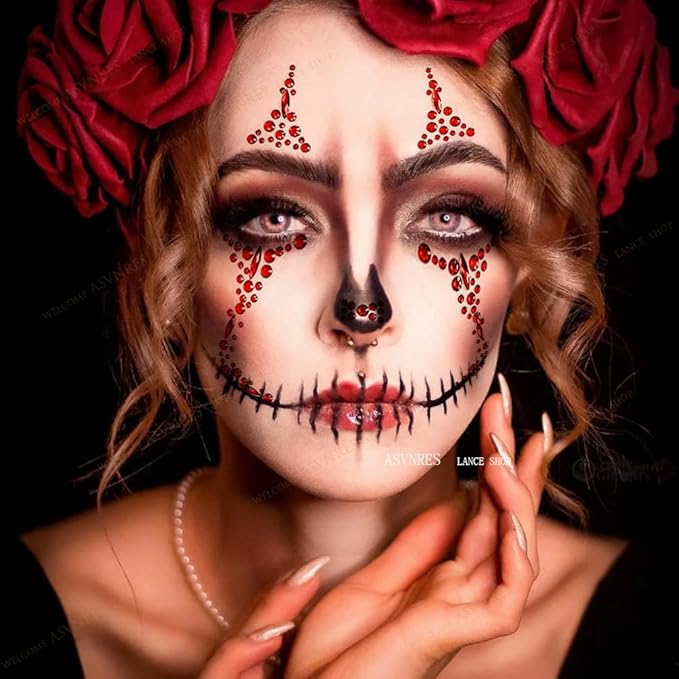 1 Pieces Face Gems Jewels Tattoos for Halloween, Day of the Dead Face Temporary Skull Tattoos Rhinestone Crystal Stones Body Gems Makeup Stickers for Halloween Festival Rave Party Outfit