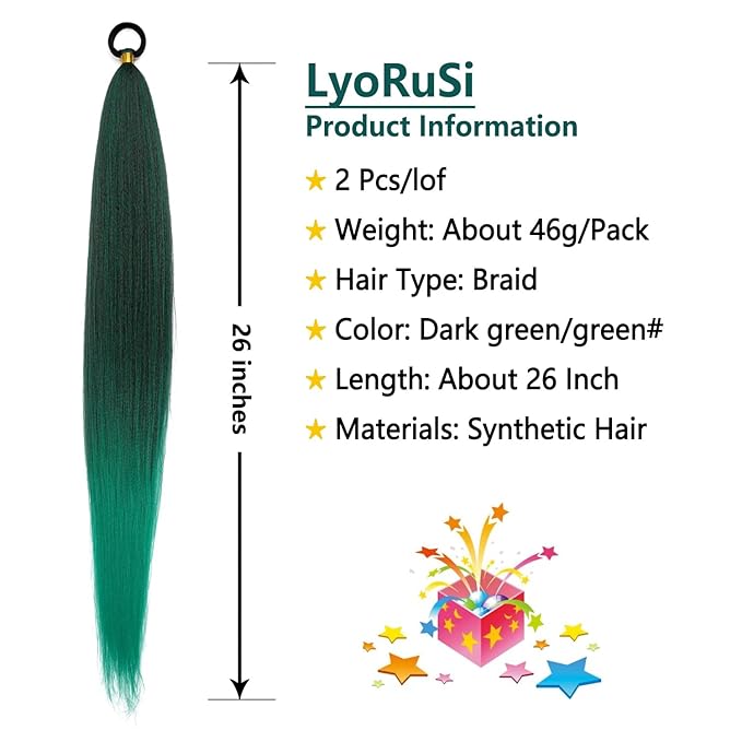 2 Pack Braid Ponytail Extension with Elastic Tie Straight Sleek Wrap Around Braid Wig Ponytail Green gradient 26 Inch (Dark green/green)