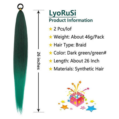 2 Pack Braid Ponytail Extension with Elastic Tie Straight Sleek Wrap Around Braid Wig Ponytail Green gradient 26 Inch (Dark green/green)