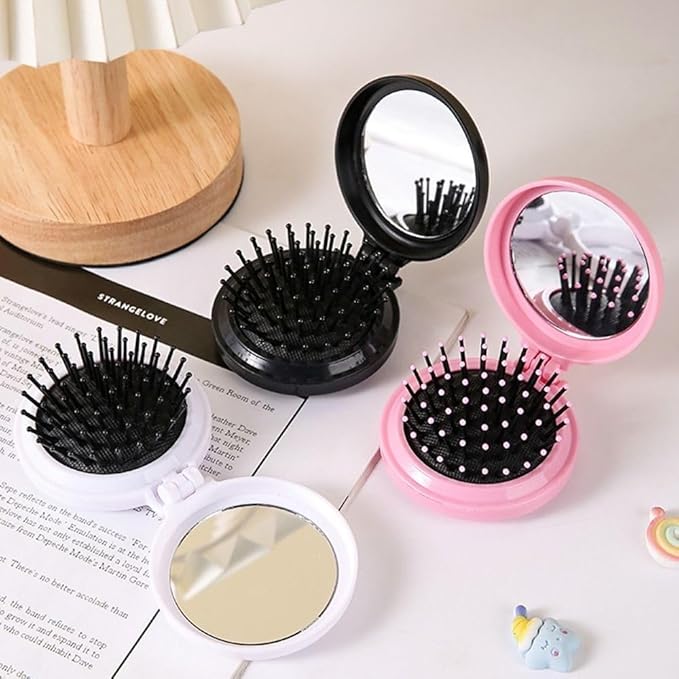 2Pcs Black and Pink Folding Travel Hair Brush with Mirror, Round Portable Folding Pocket Hair Brush Mini Hair Massage Compact Mirror with Comb Travel Size for Men Women Styling Tools and Appliances