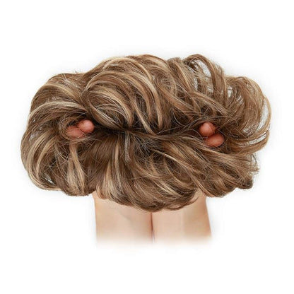 MORICA 1PCS Messy Hair Bun Hair Scrunchies Extension Curly Wavy Messy Bun Hair Synthetic Chignon Hairpieces for Women(12H24#(Light Golden Brown & Pale Golden Blonde))