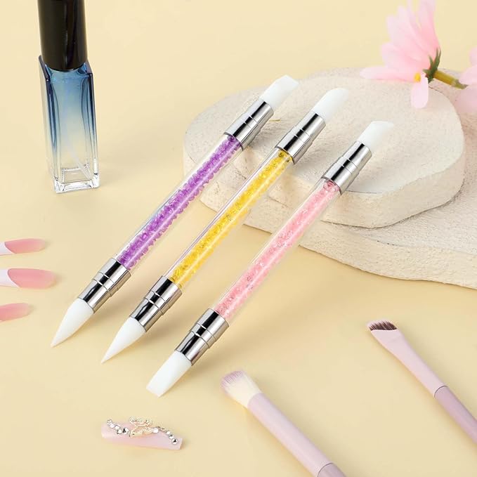 3 Pcs Nail Art Sculpture Pen, Dual Tipped Silicone Nail Tools, Silicone Head Acrylic Handle Nail Art Brushes, Rhinestone Nail Polish Carving Pen, Nail Art Tools for Home Salon(Yellow, Pink, Purple)