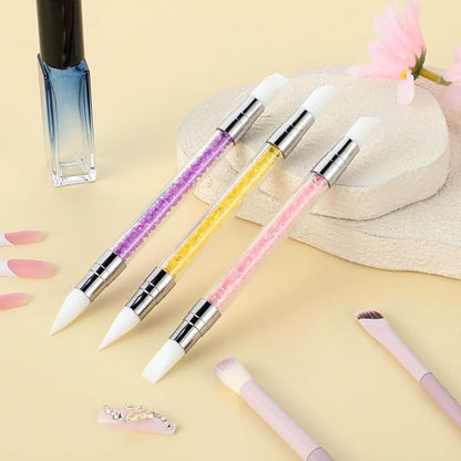 3 Pcs Nail Art Sculpture Pen, Dual Tipped Silicone Nail Tools, Silicone Head Acrylic Handle Nail Art Brushes, Rhinestone Nail Polish Carving Pen, Nail Art Tools for Home Salon(Yellow, Pink, Purple)