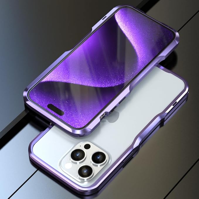 HENGHUI Aluminum Bumpers for iPhone 15 Pro Bumper Case with Strap Hole Metal Frame Bumper Cover Shock Absorbent Slim Cool Design (Purple)