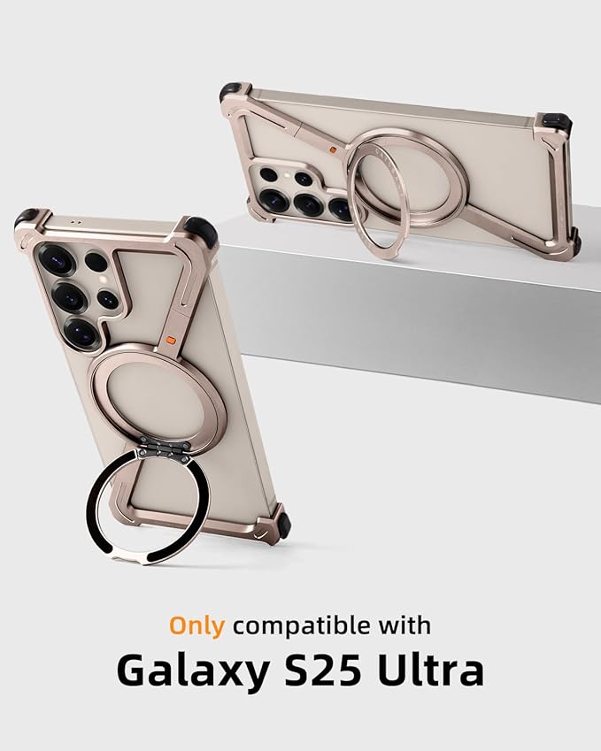 OATSBASF Minimalist Phone Case Compatible with Samsung Galaxy S25 Ultra, 360° Rotation Kickstand Aluminum Metal Frameless Design Bumper Case, Protective Shock Grade Shell, Desert Titanium