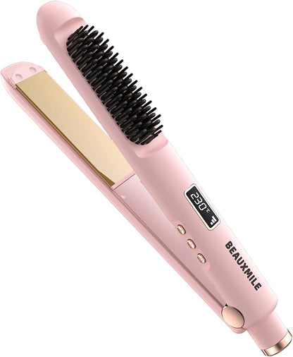 1” Flat Iron with Straightening Comb, 2-in-1 Hair Straightener Brush for Styling and Frizz Control, 30+ Temps, Negative Ions Hair Care, Dual Voltage, for All Hair Types, Pink