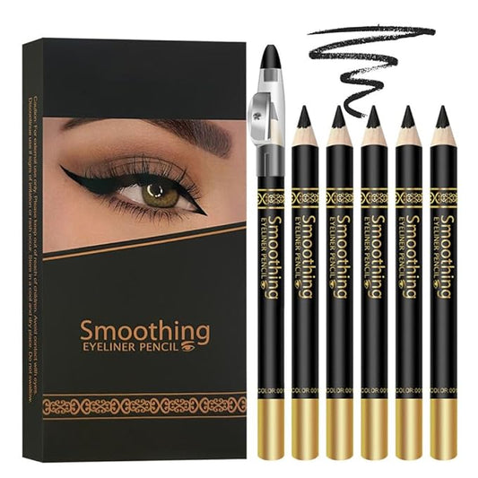 6 Pcs Black Eye liner Pen Set with Sharpener, Wooden Voluminous Smoldering Eye liner, Smooth Creamy Matte Tattoo Pencils for Women,Hairline Eyebrow Makeup (6Pcs-Smooth Creamy Black Sticks)