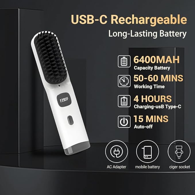 Cordless Hair Straightener Brush Portable on The go Comb for Travel 30s Fast Heating USB Rechargeable Dual Power Supply LCD Display with Pouch (White)