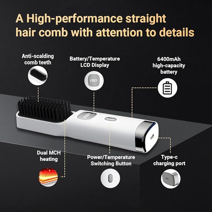 Cordless Hair Straightener Brush Portable on The go Comb for Travel 30s Fast Heating USB Rechargeable Dual Power Supply LCD Display with Pouch (White)
