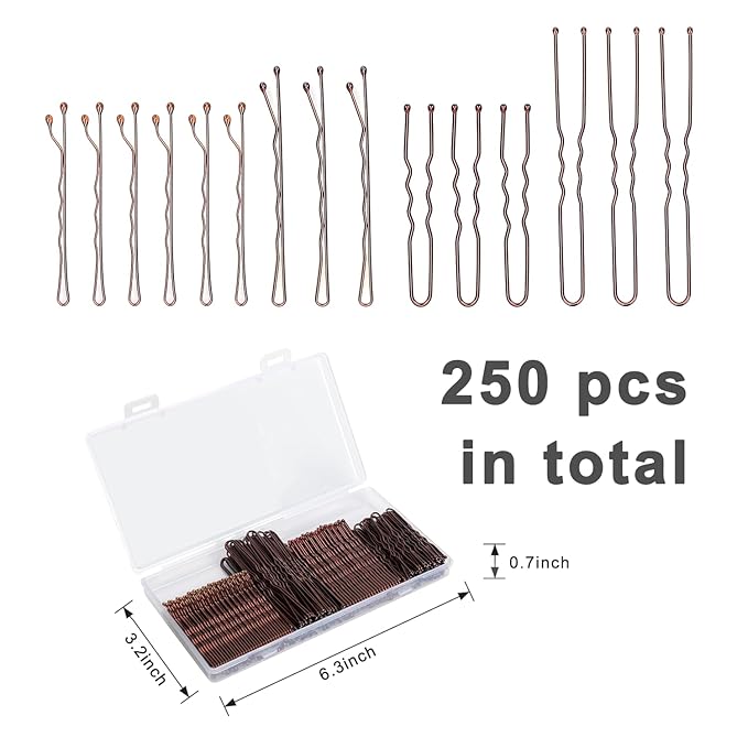 250 Pcs Hair Pins Bobby Pins Brown Hair with Storage Box, Wavy Bobby Pins 2inch 2.4inch, U Shaped Hair Pins 2inch 2.8inch, Suitable for All Hair Types, Hair Clips Hair Pin for Women and Girls