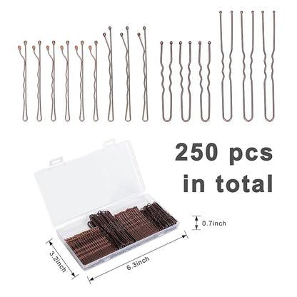 250 Pcs Hair Pins Bobby Pins Brown Hair with Storage Box, Wavy Bobby Pins 2inch 2.4inch, U Shaped Hair Pins 2inch 2.8inch, Suitable for All Hair Types, Hair Clips Hair Pin for Women and Girls
