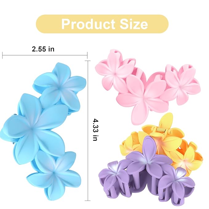 4PCS Hawaiian Plumeria Large Claw Clips for Women - Non-Slip Strong Hold Flower Hair Clips for Thick Hair (Colorful)