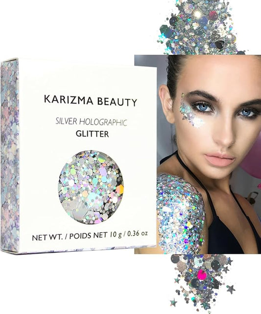 KARIZMA Holographic Silver Body Glitter - 10g Chunky Face, Hair, Eye & Body Glitter for Women - Rave & Festival Accessory
