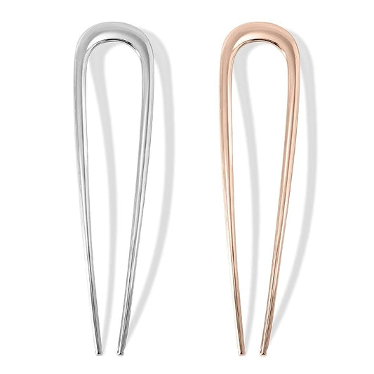 2Pcs French Hair Pins for Thick Hair, Metal French Twis Hair Pins for Women Girls, U-Shaped French Pin for Buns, 5.5 Inches Large French Pins Hairstyle Accessories (Silver, Rose Gold)