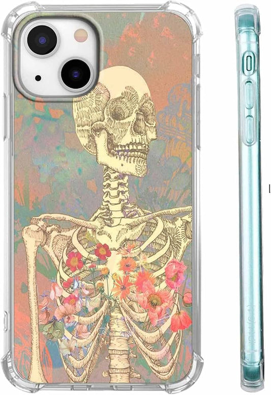Case for iPhone 15 with Skull Art Design,Aesthetic Flower Skeleton Bone Pattern,Soft TPU Bumper Phone Cover(15,Skull)