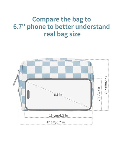 Narwey Small Checkered Makeup Bag for Purse Mini Cosmetic Bag Travel Makeup Pouch Zipper Pouch Cute Make up Bags with Compartments for Women Girls(Small,Sky Blue Checkerboard)