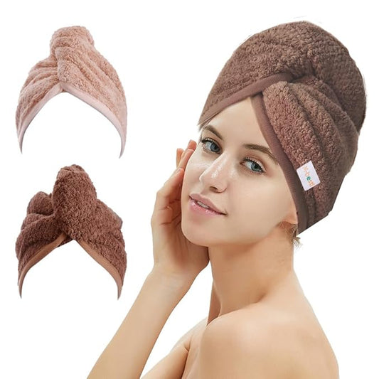 2 Pack Hair Drying Towels, Hair Wrap Towels, Absorbent Microfiber Hair Towel Turban with Button Design to Dry Hair Quickly(Coffee& Pink)