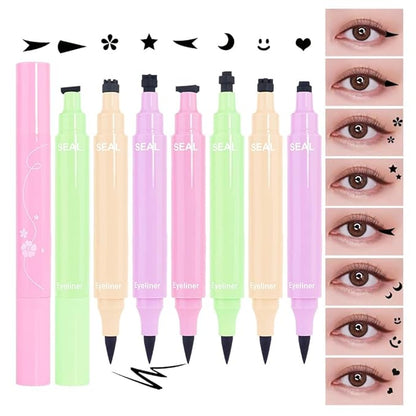 8 Pcs Double-Side Black Liquid Eyeliner Stamp Pens Set,Triangle Wing Eye Tail Cat Eye Stamp Makeup, Long Lasting Liquid Eye Liner,Waterproof & Smudgeproof Makeup (Black-1, 8Pack)