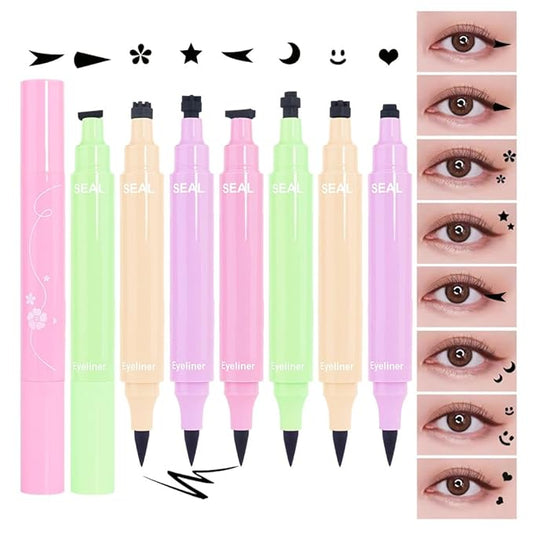 8 Pcs Double-Side Black Liquid Eyeliner Stamp Pens Set,Triangle Wing Eye Tail Cat Eye Stamp Makeup, Long Lasting Liquid Eye Liner,Waterproof & Smudgeproof Makeup (Black-1, 8Pack)