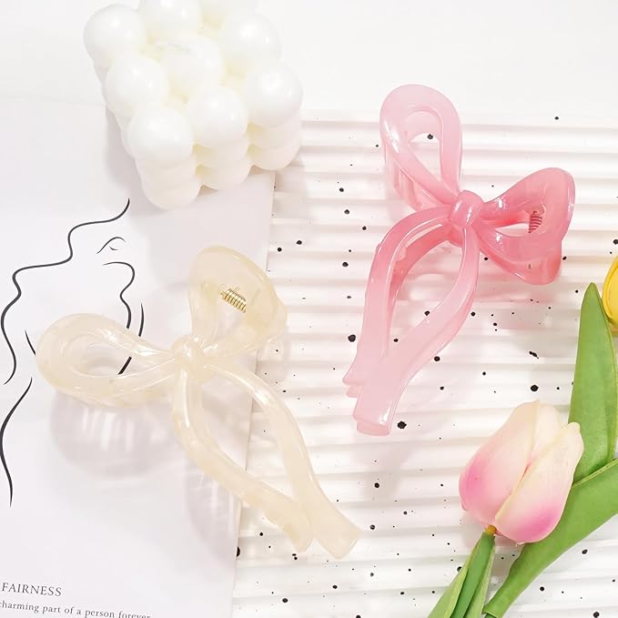 Ayesha Bows Claw Clips - 2 Colors Ribbon Coquette Clips for Thick Hair and Girls, Including Pink