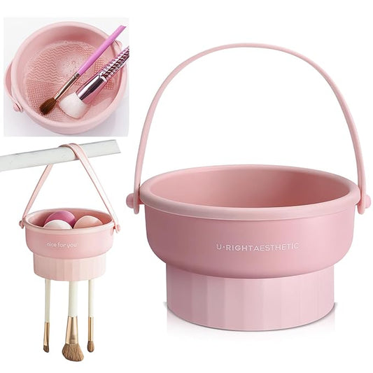 3 in 1 Brush Cleaning Mat with Brush Drying Holder, Silicone Makeup Brush Cleaner Mat Make Up Brush Cleaning Bowl Cosmetic Brush Washing Tool for Makeup Brush, Sponge, Powder Puff (Pink)