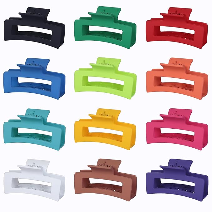 3.5 Inch Medium Hair Accessories: 12 Pcs Square Jaw Clips for Thick and Thin Hair - Rectangular Bulk Clips for Women and Girls - Dopamine