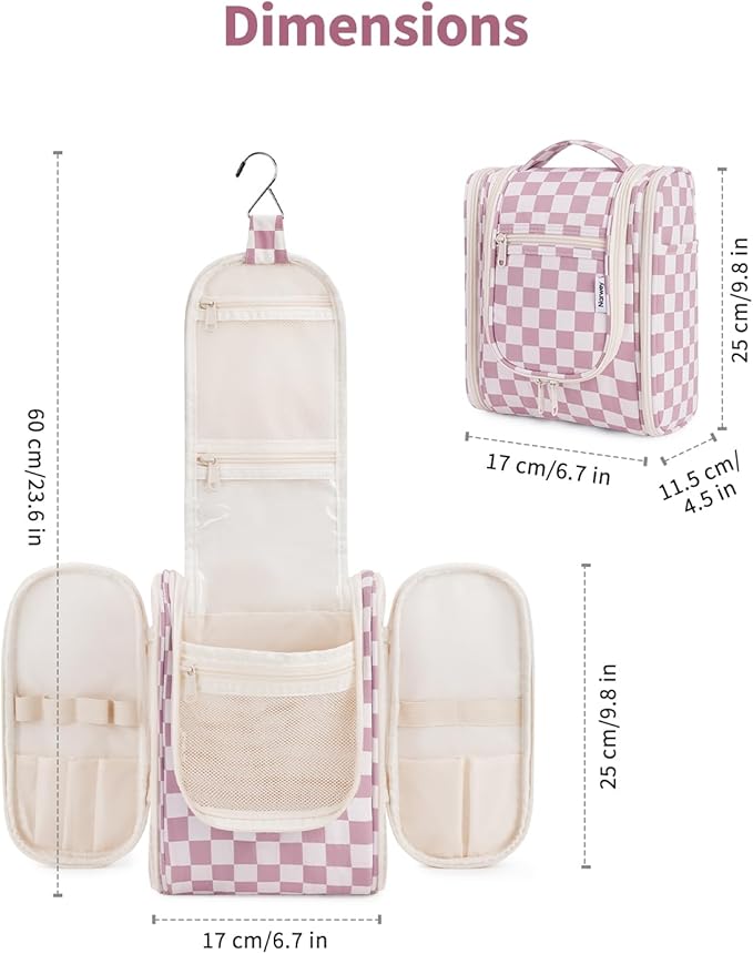 Narwey Small Checked Hanging Travel Toiletry Bag for Women, Travel Bag for Toiletries, Makeup Bag Organizer Cosmetic Bags Make Up Bags for Women (Dusty Rose Checkerboard)