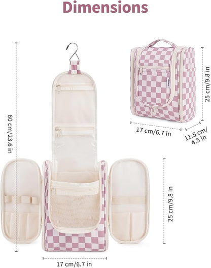 Narwey Small Checked Hanging Travel Toiletry Bag for Women, Travel Bag for Toiletries, Makeup Bag Organizer Cosmetic Bags Make Up Bags for Women (Dusty Rose Checkerboard)