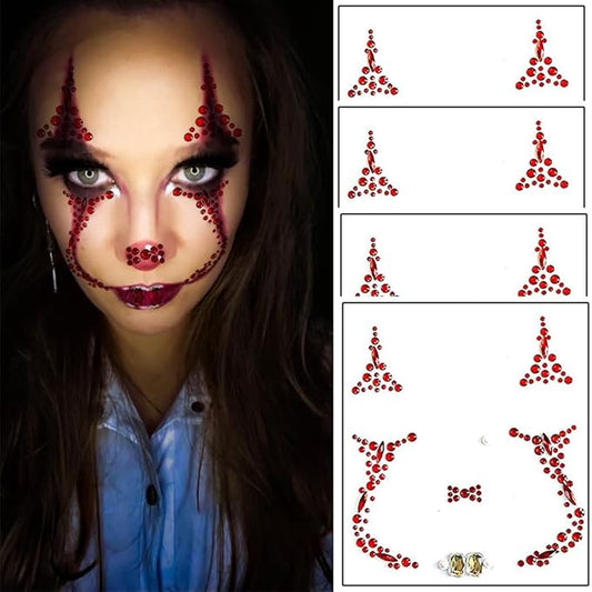 4 Pieces Face Gems Jewels Tattoos for Halloween, Day of the Dead Face Temporary Skull Tattoos Rhinestone Crystal Stones Body Gems Makeup Stickers for Halloween Festival Rave Party Outfit