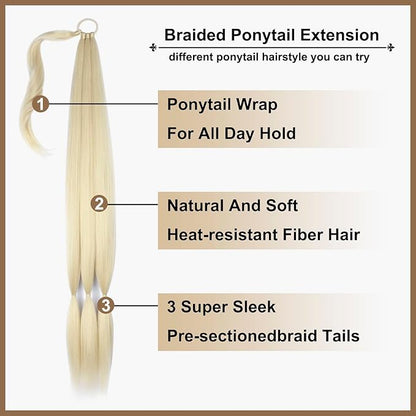 34 Inch Braided Ponytail Extension Braided Hair Extensions with Hair Tie Straight Wrap Around Long Braided Ponytail Natural Soft Synthetic Hair Piece for Women(613#)