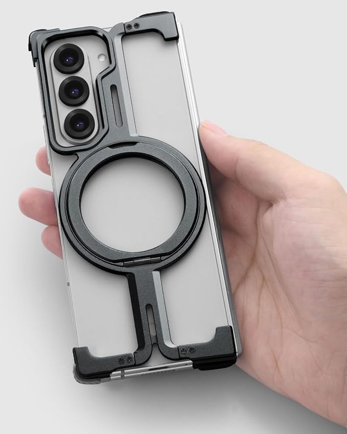 OATSBASF Frameless Metal Bumper Case for Samsung Galaxy Z Fold 6-360° Rotatable Magnetic Kickstand & Minimalist Design (Not for Heavy Drop Protection), Black