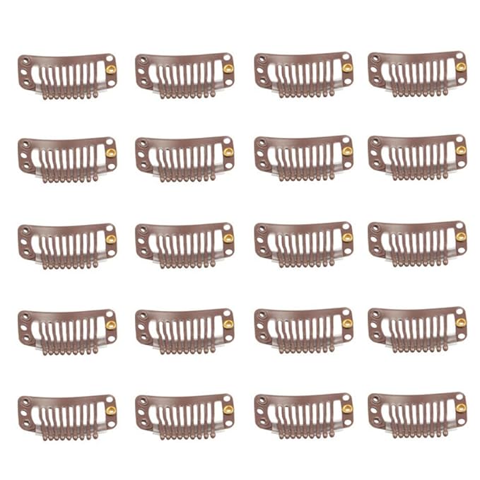 20pcs 9-Teeth Stainless Snap Comb Wig Clips, Hair Extension Clips, Wig Accessories Clip, Diy Clips for Hairpieces Wigs hair extensions (Light Brown)