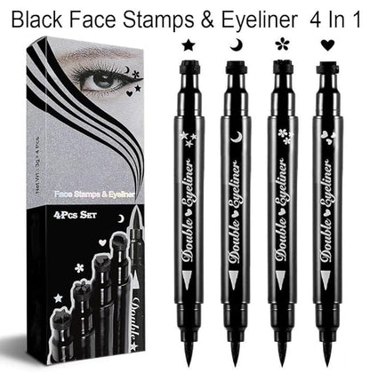 4Pcs Dual-Ended Black Liquid Eyeliners Pack with Face Stamps – Star Moon Flower Heart Stamps for Cosplay & Gothic Makeup,Fine Tip, Smudge-resistant – Beginner-Friendly (4Pcs-Black-set03)