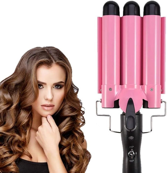 3 Barrel Curling Iron Wand 26mm Hair Waver Temperature Adjustable Ceramic Hair Curling Iron (Pink)