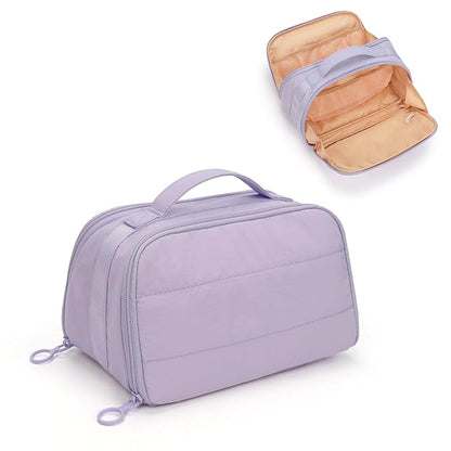 OCHEAL Travel Makeup Bag - Wide Open Cosmetic Bag for Women Make up with Two Compartments, Portable Lightweight Roomy Organizer Toiletry Bag for Girls Skincare tools Accessories-Purple