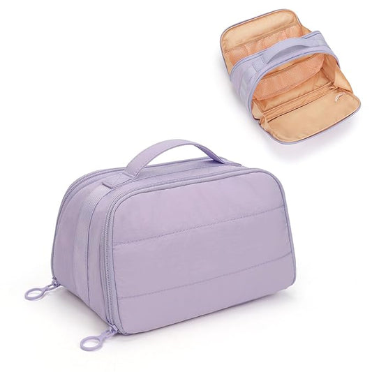 OCHEAL Travel Makeup Bag - Wide Open Cosmetic Bag for Women Make up with Two Compartments, Portable Lightweight Roomy Organizer Toiletry Bag for Girls Skincare tools Accessories-Purple