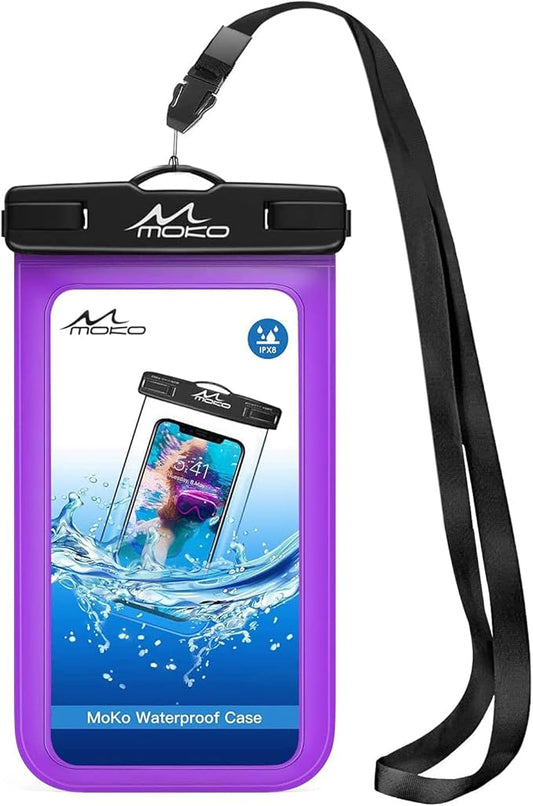 MoKo Waterproof Phone Pouch Holder, Underwater Cellphone Case Dry Bag with Lanyard Armband Compatible with iPhone 16 15 14 13 12 11 Pro Max X/Xr/Xs Max/SE 3, Samsung S24/S23/S21/S20/S10/S9, Purple