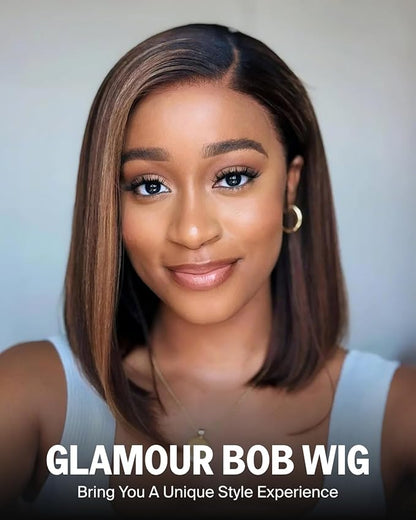6x5 Highlight Bob Wig Human Hair Glueless Pre Cut HD Lace Closure Bob Wig 220% Density Wear and Go Glueless Wig Pre Plucked Ombre Wig Bleached Tiny Knots 12 Inch 1BP30