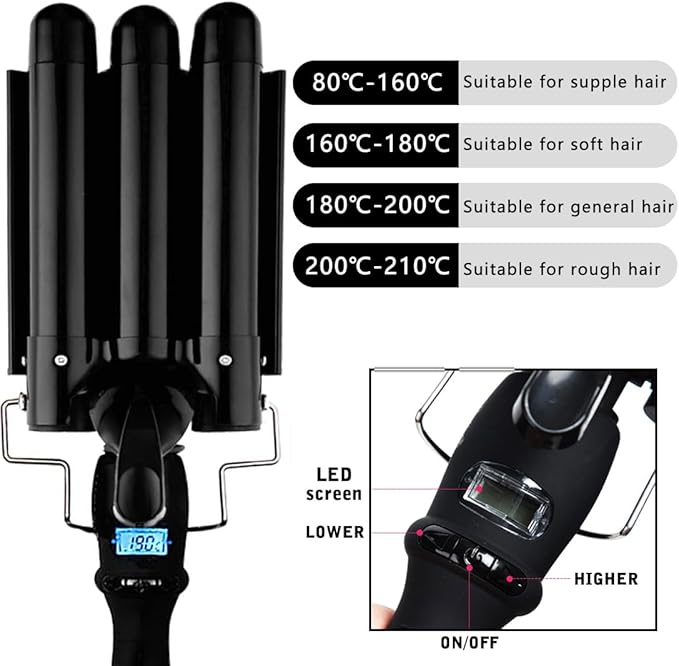 3 Barrel Curling Iron Hair Crimper Waver Iron with LCD Temperature Display - 1 Inch Ceramic Tourmaline Triple Barrels Waver Curling Wand, Dual Voltage