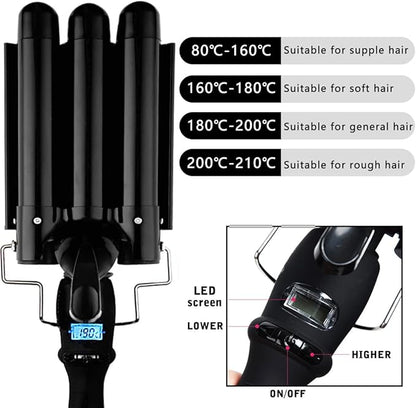 3 Barrel Curling Iron Hair Crimper Waver Iron with LCD Temperature Display - 1 Inch Ceramic Tourmaline Triple Barrels Waver Curling Wand, Dual Voltage