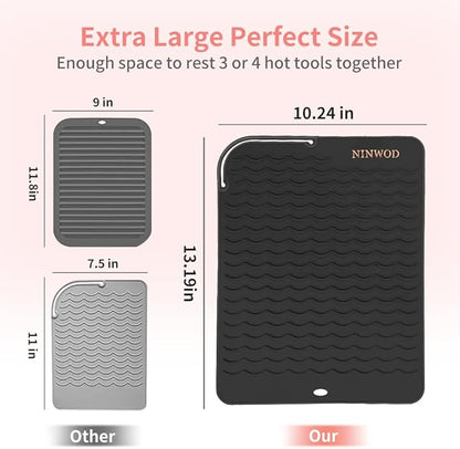 Oversize Heat Resistant Mats for Countertop, 13.19" x 10.24" Professional Hot Tool Hair Straightener Mat, Hot Tools Organizer, Home Necessities with Velcro (Black)