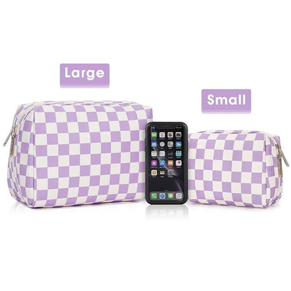 Narwey Checkered Makeup Bag Travel Cosmetic Bag Organizer Toiletry Bag Make Up Bags with Compartments for Women Girls (Large, Purple Checkerboard)